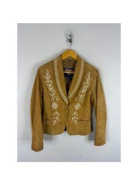 Cripple Creek Tan Leather Western Blazer Rhinestone Floral Embroidery Small